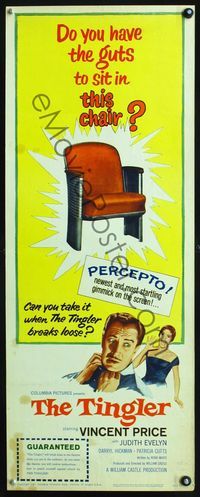 3j768 TINGLER insert '59 Vincent Price, William Castle, do you have the guts to sit in this chair?