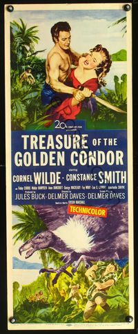 3j774 TREASURE OF THE GOLDEN CONDOR insert '53 art of Cornel Wilde w/girl & attacked by snake!
