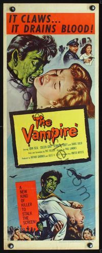 3j783 VAMPIRE insert '57 John Beal, it claws, it drains blood, cool art of monster & victim!