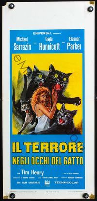 3j094 EYE OF THE CAT Italian locandina '69 different wild Spagnolli art of woman attacked by cats!