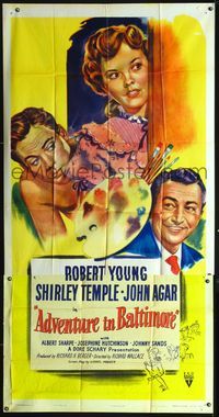 3k312 ADVENTURE IN BALTIMORE three-sheet '49 art of Robert Young, John Agar & cute Shirley Temple!