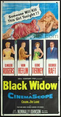 3k340 BLACK WIDOW three-sheet '54 Ginger Rogers, Gene Tierney, Van Heflin, George Raft, sexy art!