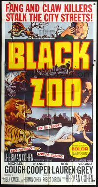 3k341 BLACK ZOO 3sheet '63 cool horror image of fang and claw killers stalking the city streets!
