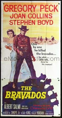 3k346 BRAVADOS 3sheet '58 full-length art of cowboy Gregory Peck with gun & sexy Joan Collins!