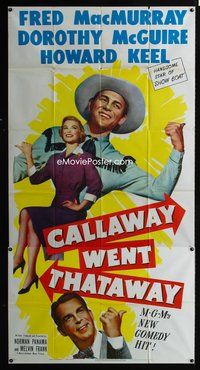 3k352 CALLAWAY WENT THATAWAY 3sh '51 Fred MacMurray, Dorothy McGuire & Howard Keel with thumbs out!
