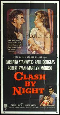 3k366 CLASH BY NIGHT 3sheet '52 Fritz Lang, Barbara Stanwyck, Douglas, Ryan, Marilyn Monroe shown!
