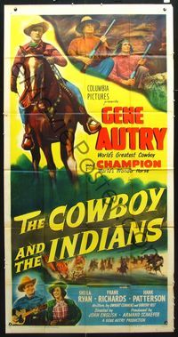 3k375 COWBOY & THE INDIANS 3sheet '49 great images of Gene Autry riding Champion & playing guitar!