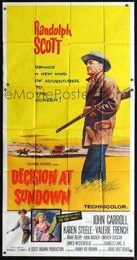 3k385 DECISION AT SUNDOWN 3sh '57 full-length Randolph Scott w/rifle, directed by Budd Boetticher!