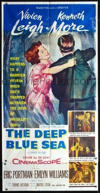 3k386 DEEP BLUE SEA 3sheet '55 artwork of pretty Vivien Leigh grabbing Kenneth More, Anatole Litvak