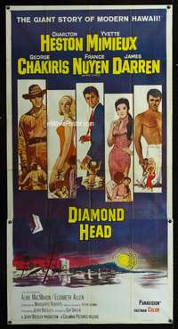 3k391 DIAMOND HEAD three-sheet '62 Charlton Heston, Yvette Mimieux, Howard Terpning art of Hawaii!