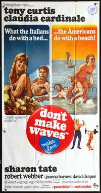 3k395 DON'T MAKE WAVES three-sheet '67 Tony Curtis, super sexy Sharon Tate & Claudia Cardinale!