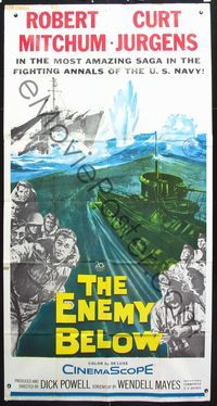 3k399 ENEMY BELOW three-sheet movie poster '58 Robert Mitchum, Curt Jurgens, cool Naval battle art!