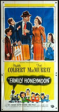 3k404 FAMILY HONEYMOON 3sheet '48 art & photo of newlyweds Claudette Colbert & Fred MacMurray!