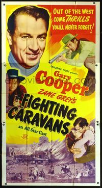 3k408 FIGHTING CARAVANS 3sheet R50 great smiling portrait of Gary Cooper, written by Zane Grey!