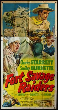 3k413 FORT SAVAGE RAIDERS 3sheet '51 art of Charles Starrett as The Durango Kid + Smiley Burnette!