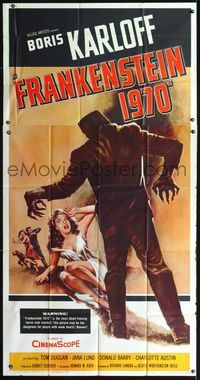 3k414 FRANKENSTEIN 1970 3sheet '58 Boris Karloff, great artwork of monster attacking sexy girl!