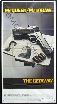 3k423 GETAWAY three-sheet movie poster '72 Steve McQueen, Ali McGraw, Sam Peckinpah, cool gun image!