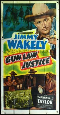 3k437 GUN LAW JUSTICE 3sheet '49 great close up of cowboy Jimmy Wakely with gun + masked outlaws!