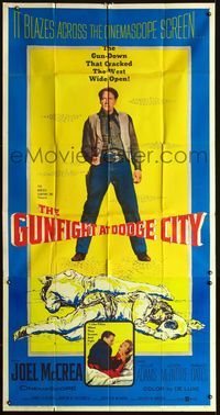 3k438 GUNFIGHT AT DODGE CITY three-sheet '59 cool full-length image of Joel McCrea pointing gun!