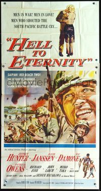 3k446 HELL TO ETERNITY 3sh '60 art of WWII soldier Jeffrey Hunter in battle & with Patricia Owens!