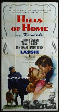 3k450 HILLS OF HOME three-sheet poster '48 artwork of Lassie the dog, Janet Leigh & Edmund Gwenn!