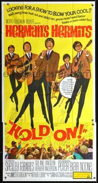 3k452 HOLD ON three-sheet '66 rock & roll, great full-length image of Herman's Hermits performing!