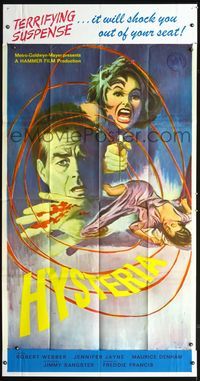 3k461 HYSTERIA three-sheet '65 Robert Webber, Hammer horror, it will shock you out of your seat!