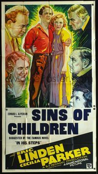 3k466 IN HIS STEPS 3sheet '36 Charles M. Sheldon's Sins of Children, cool stone litho art of cast!