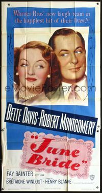 3k479 JUNE BRIDE 3sheet '48 Bette Davis & Robert Montgomery in the happiest hit of their lives!