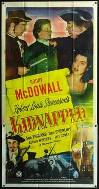 3k483 KIDNAPPED three-sheet poster '48 Roddy McDowall, pirates, written by Robert Louis Stevenson!