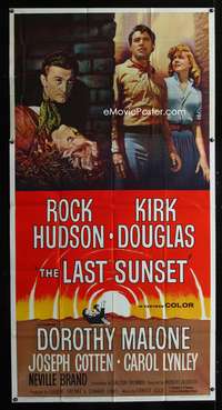 3k491 LAST SUNSET 3sheet '61 Rock Hudson, Kirk Douglas, Dorothy Malone, directed by Robert Aldrich!