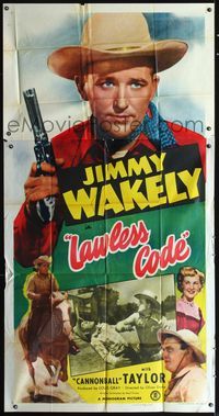 3k494 LAWLESS CODE 3sheet '49 great close up of cowboy Jimmy Wakely holding gun & riding horse!