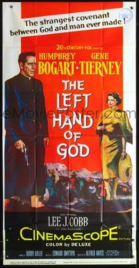 3k497 LEFT HAND OF GOD 3sheet '55 artwork of priest Humphrey Bogart holding gun & Gene Tierney!