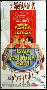 3k506 LOVE IN A GOLDFISH BOWL 3sheet '61 great close up of Tommy Sands & Fabian kissing pretty girl!