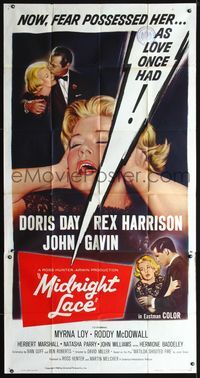 3k523 MIDNIGHT LACE 3sheet '60 fear possessed Doris Day as love once had, Rex Harrison, John Gavin