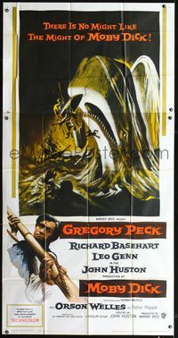 3k526 MOBY DICK three-sheet poster '56 Gregory Peck, Orson Welles, great art of the giant whale!