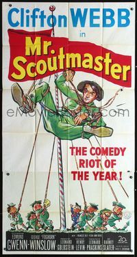 3k529 MR SCOUTMASTER three-sheet poster '53 great artwork of Clifton Webb tied up by Boy Scouts!