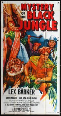 3k533 MYSTERY OF THE BLACK JUNGLE 3sh '55 cool art of Lex Barker w/rifle by tiger hunting in India!
