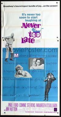 3k537 NEVER TOO LATE three-sheet movie poster '65 Paul Ford, Connie Stevens, Maureen O'Sullivan