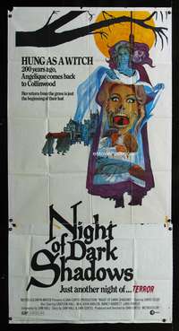 3k538 NIGHT OF DARK SHADOWS 3sheet '71 wild freaky art of the woman hung as a witch 200 years ago!