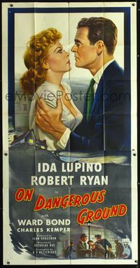 3k544 ON DANGEROUS GROUND 3sheet '51 Nicholas Ray, close up art of Robert Ryan holding Ida Lupino!