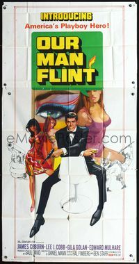 3k547 OUR MAN FLINT three-sheet poster '66 Bob Peak art of James Coburn, sexy James Bond spy spoof!