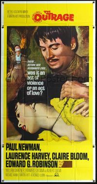 3k549 OUTRAGE three-sheet poster '64 Paul Newman, Laurence Harvey, Claire Bloom, Edward G. Robinson