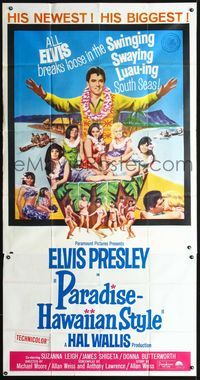 3k552 PARADISE - HAWAIIAN STYLE 3sheet '66 Elvis Presley on the beach with sexy tropical babes!