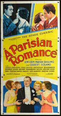 3k554 PARISIAN ROMANCE 3sheet '32 Lew Cody, Marian Shilling, Gilbert Roland, great stone litho!