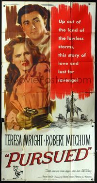 3k567 PURSUED three-sheet '47 great full-length image of Robert Mitchum & Teresa Wright with gun!