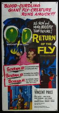 3k570 RETURN OF THE FLY 3sheet '59 Vincent Price, cool monster art, more horrific than before!