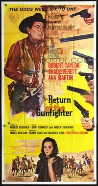 3k571 RETURN OF THE GUNFIGHTER three-sheet '67 cowboy Robert Taylor has six guns pointed at him!