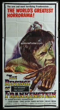 3k572 REVENGE OF FRANKENSTEIN 3sheet '58 Peter Cushing in the greatest horrorama, cool monster art!