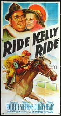 3k577 RIDE, KELLY, RIDE 3sheet '41 Eugene Pallette, Rita Quigley, wonderful horse racing artwork!